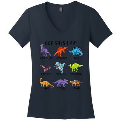 God Says I Am Funny Dinosaur Bible Verse Christian Women's V-Neck T-Shirt