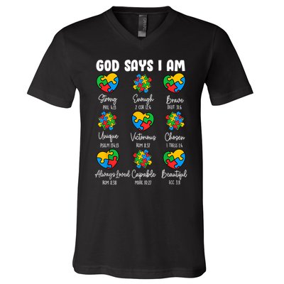 God Says I Am - Autism Awareness Christian Bible Verse V-Neck T-Shirt