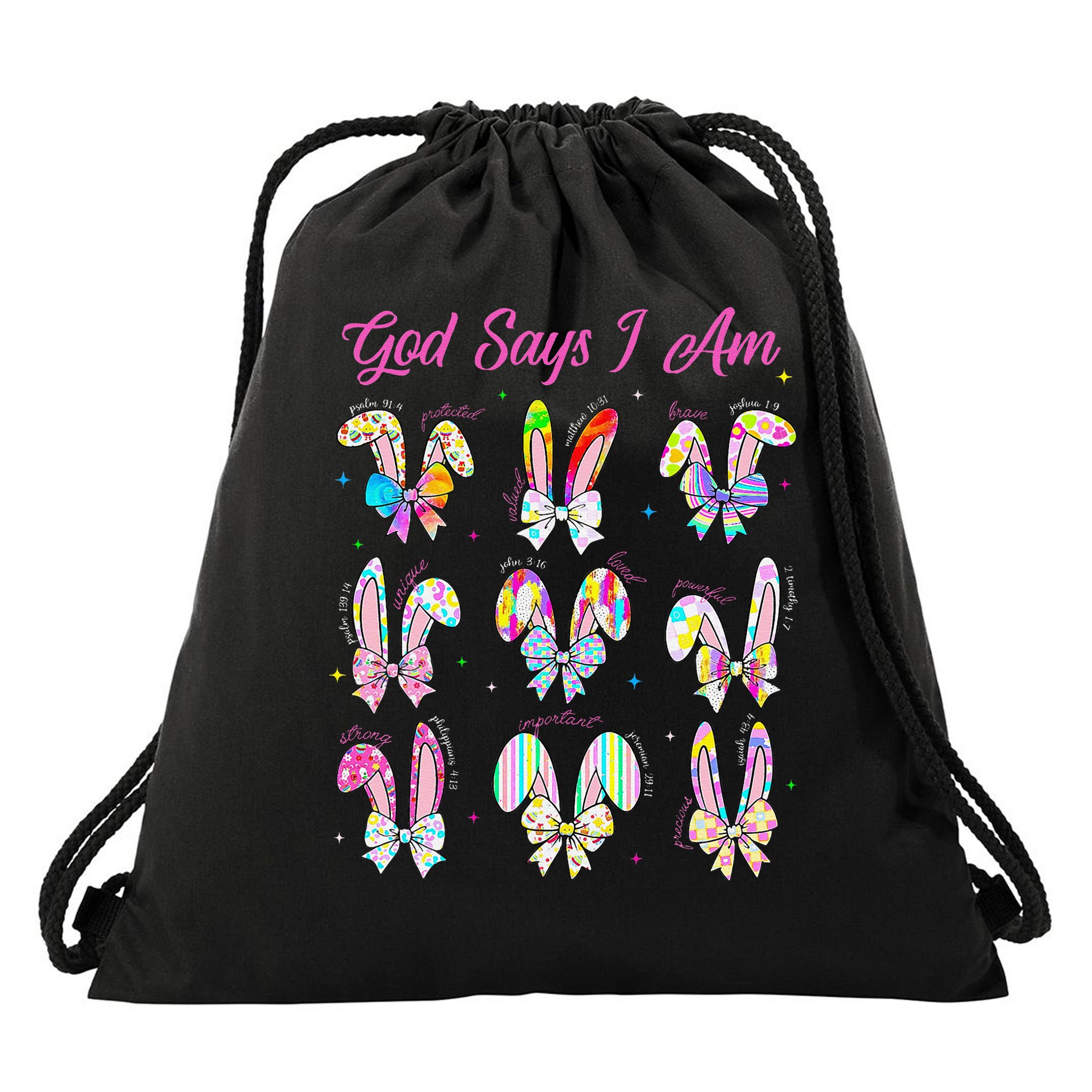 God Says I Am Easter Bunny Rabbit Easter Day Bible Verse Drawstring Bag
