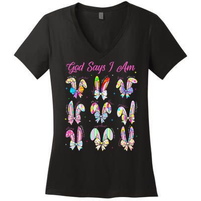 God Says I Am Easter Bunny Rabbit Easter Day Bible Verse Women's V-Neck T-Shirt