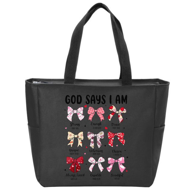 God Says I Am Coquette Bow Valentines Day Christian Women Zip Tote Bag