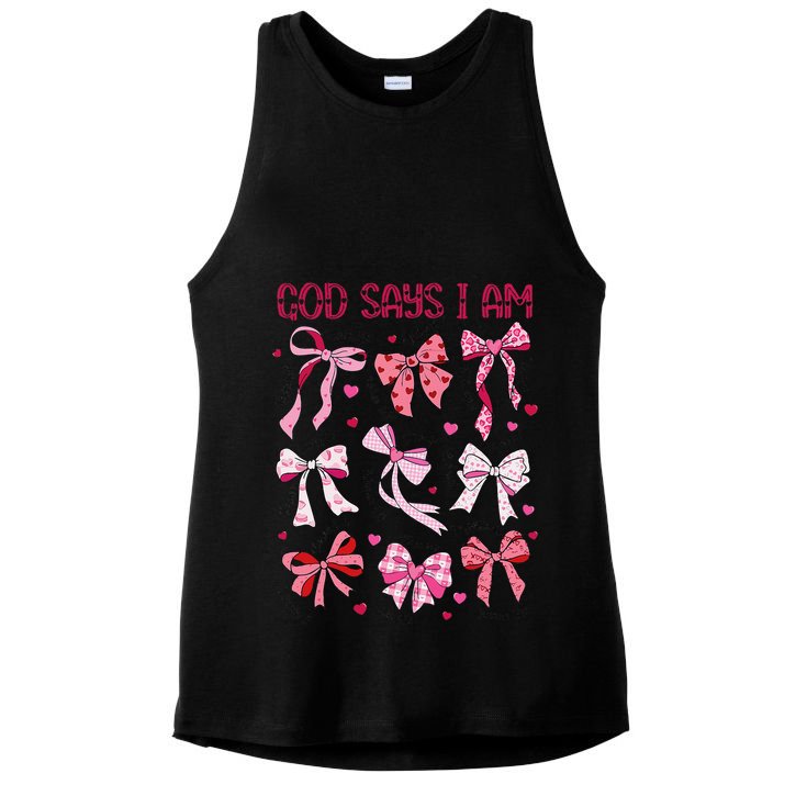 God Says I Am Coquette Bow Valentines Day Christian Women Ladies PosiCharge Tri-Blend Wicking Tank