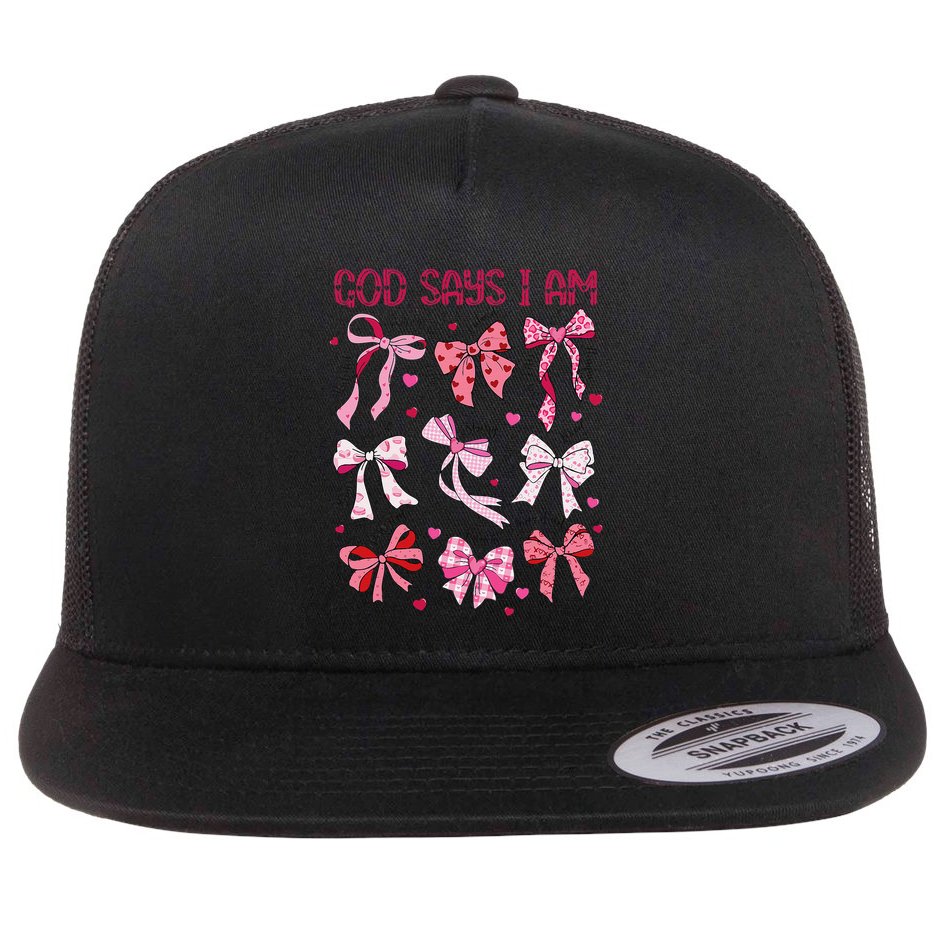 God Says I Am Coquette Bow Valentines Day Christian Women Flat Bill Trucker Hat