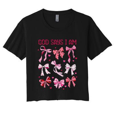 God Says I Am Coquette Bow Valentines Day Christian Women Crop Top