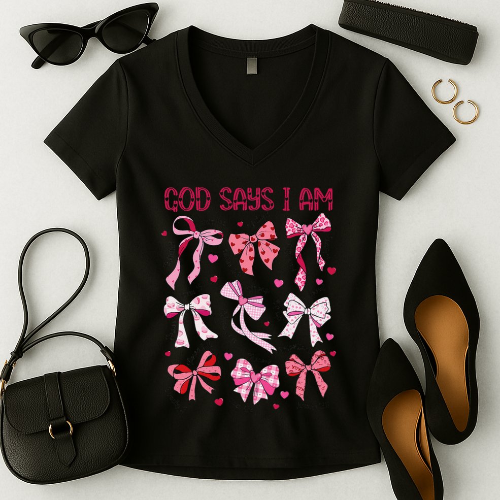 God Says I Am Coquette Bow Valentines Day Christian Women Women's V-Neck T-Shirt