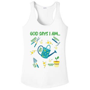 God Says I Am Gardening Lover Women Christian Ladies PosiCharge Competitor Racerback Tank