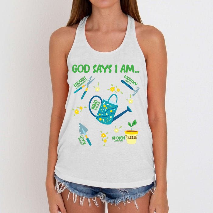 God Says I Am Gardening Lover Women Christian Women's Knotted Racerback Tank