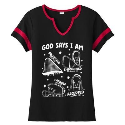 God Says I Am Roller Coaster Lover Christian Ladies Halftime Notch Neck Tee