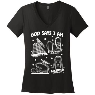 God Says I Am Roller Coaster Lover Christian Women's V-Neck T-Shirt