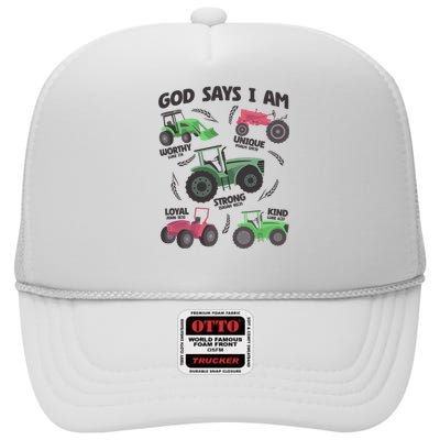 God Says I Am Tractor Lover Christian High Crown Mesh Back Trucker Hat