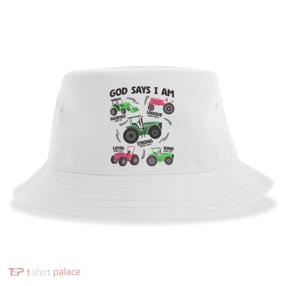 God Says I Am Tractor Lover Christian Sustainable Bucket Hat