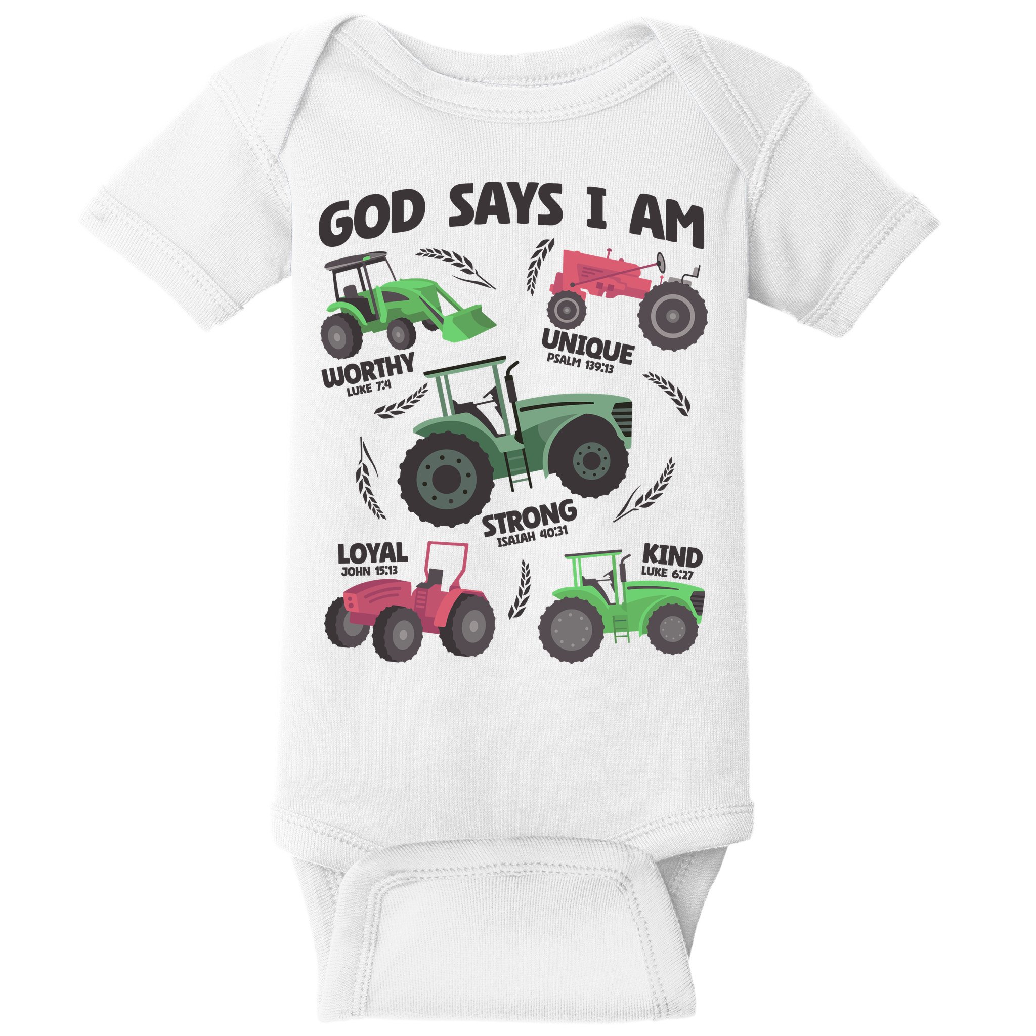God Says I Am Tractor Lover Christian Baby Bodysuit