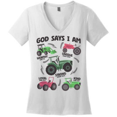 God Says I Am Tractor Lover Christian Women's V-Neck T-Shirt