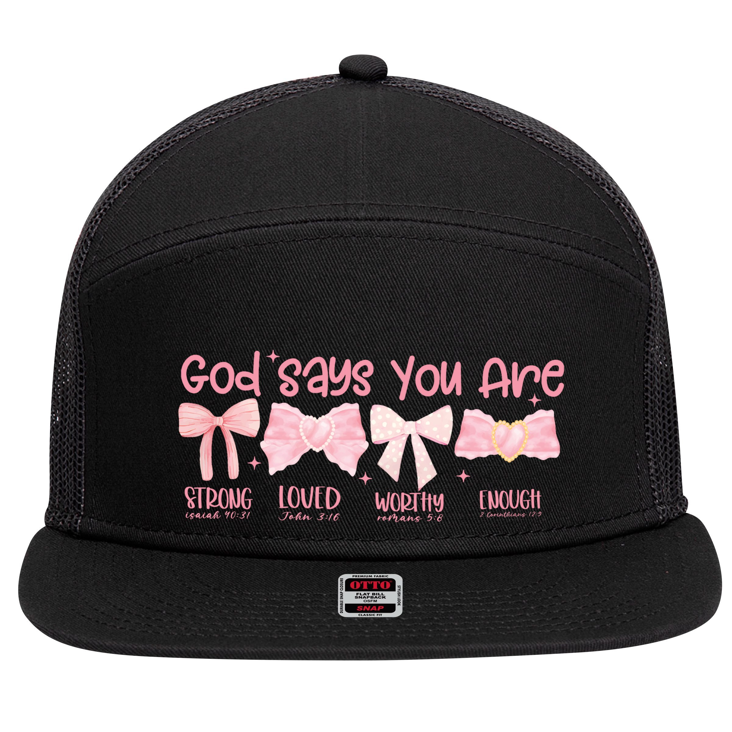 God Says I Am Coquette 7 Panel Mesh Trucker Snapback Hat