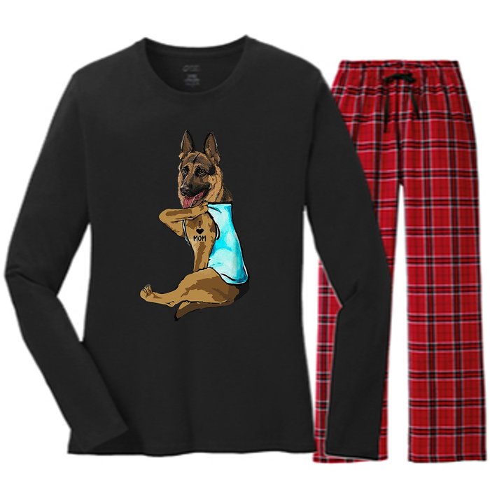 German Shepherd I Love Mom Tattoo Women's Long Sleeve Flannel Pajama Set 