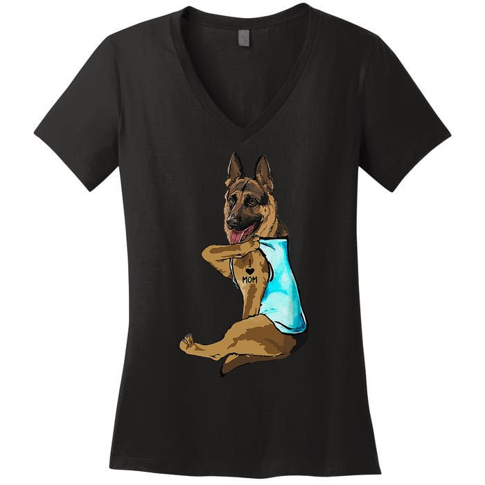 German Shepherd I Love Mom Tattoo Women's V-Neck T-Shirt