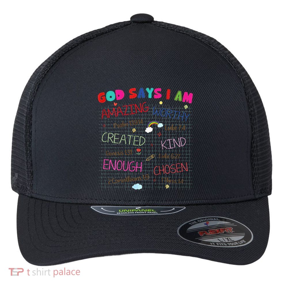 God Says I Am C.R.A.Y.O.N Drawing Bible Christian Flexfit Unipanel Trucker Cap