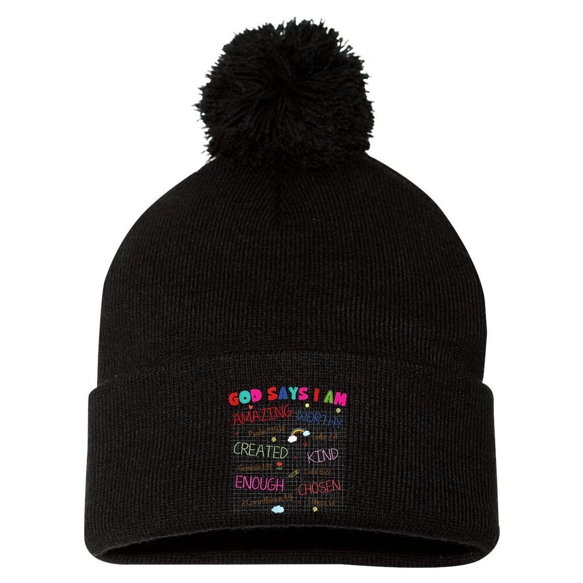 God Says I Am C.R.A.Y.O.N Drawing Bible Christian Pom Pom 12in Knit Beanie