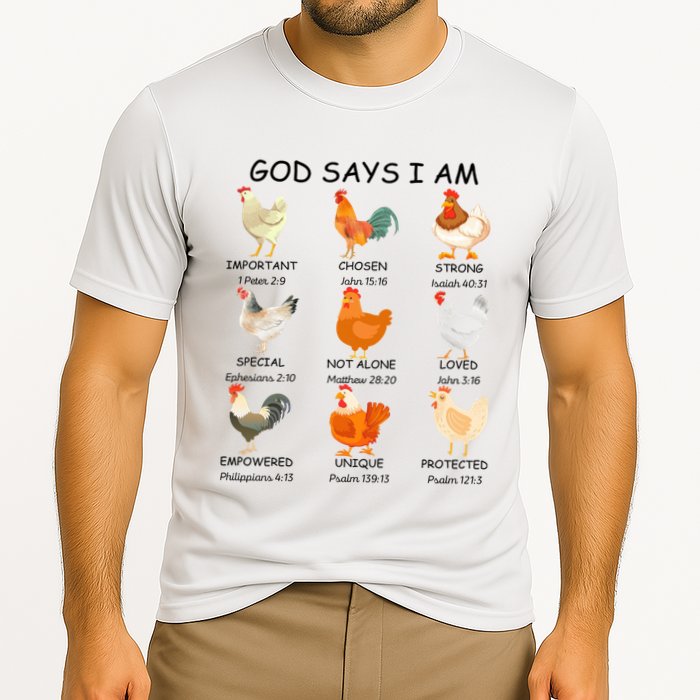 God Says I Am Chicken Christian Bible Funny Farm Chicken Cooling Performance Crew T-Shirt