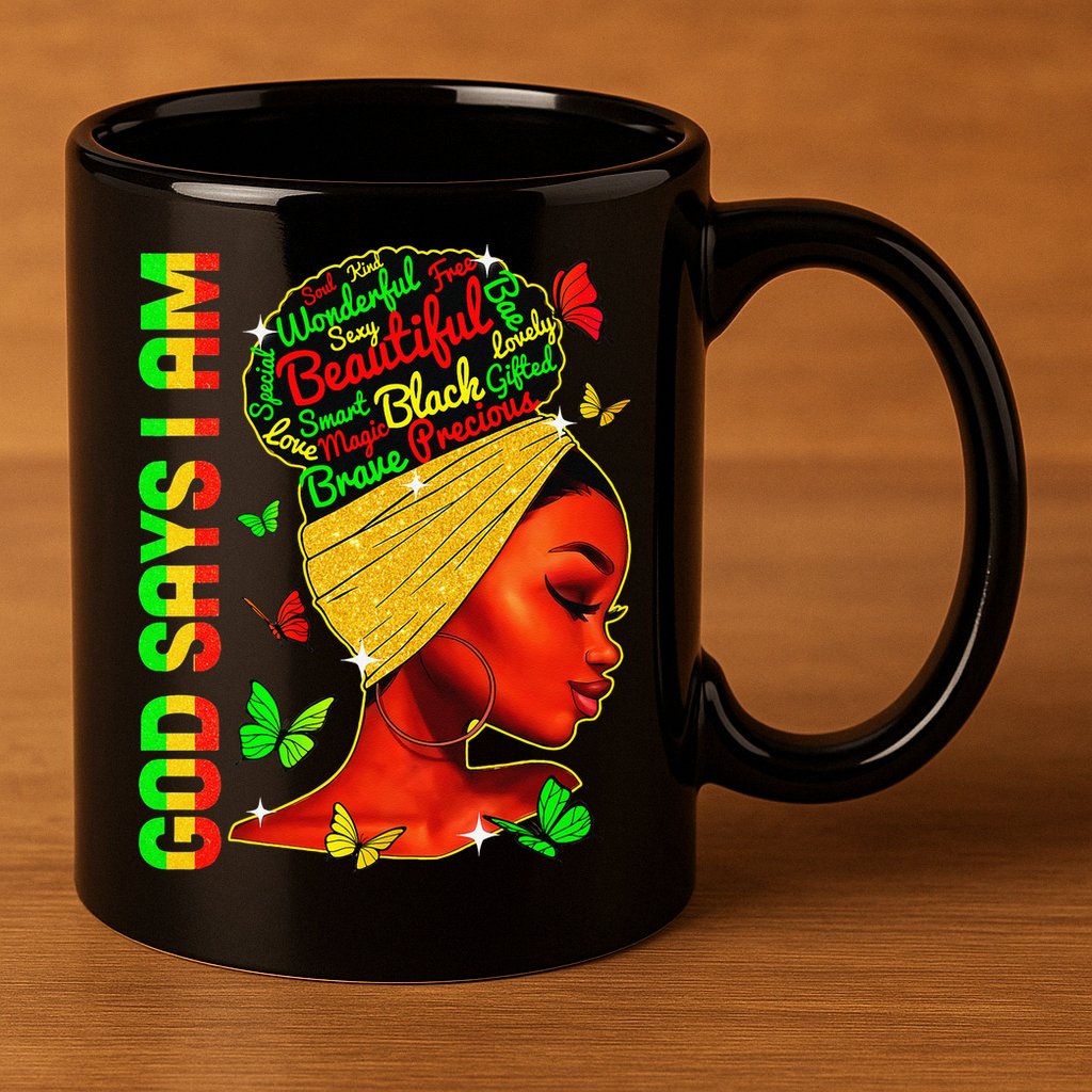 God Says I Am Black Melanin Black History Month Juneteenth 11oz C Handle Ceramic Mug