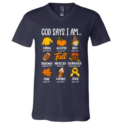 God Says I Am Fall Vibes Autumn Christian V-Neck T-Shirt