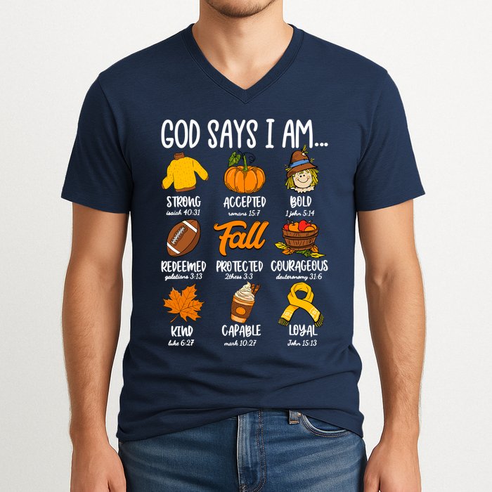 God Says I Am Fall Vibes Autumn Christian V-Neck T-Shirt
