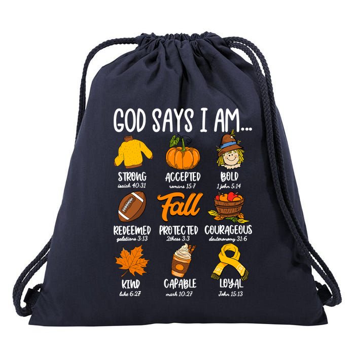 God Says I Am Fall Vibes Autumn Christian Drawstring Bag