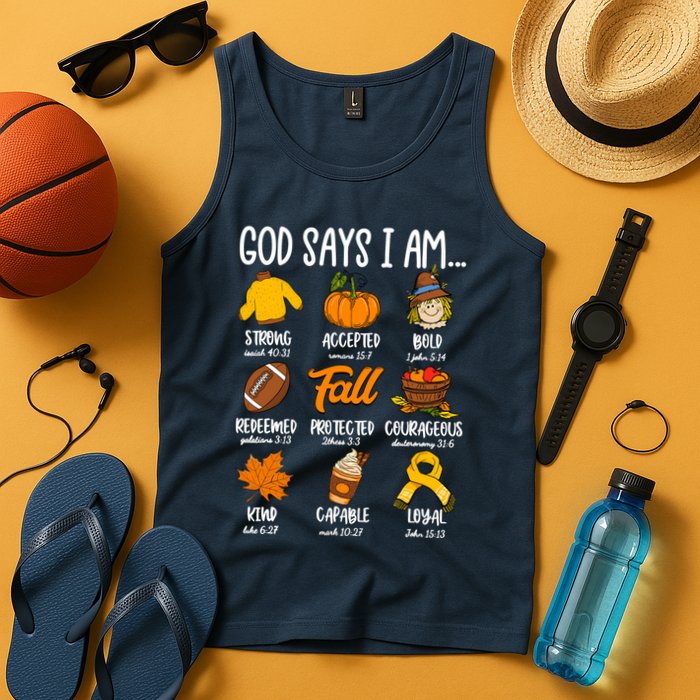 God Says I Am Fall Vibes Autumn Christian Tank Top