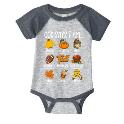 God Says I Am Fall Vibes Autumn Christian Infant Baby Jersey Bodysuit