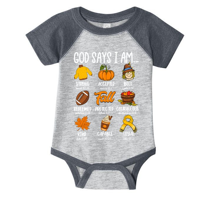 God Says I Am Fall Vibes Autumn Christian Infant Baby Jersey Bodysuit