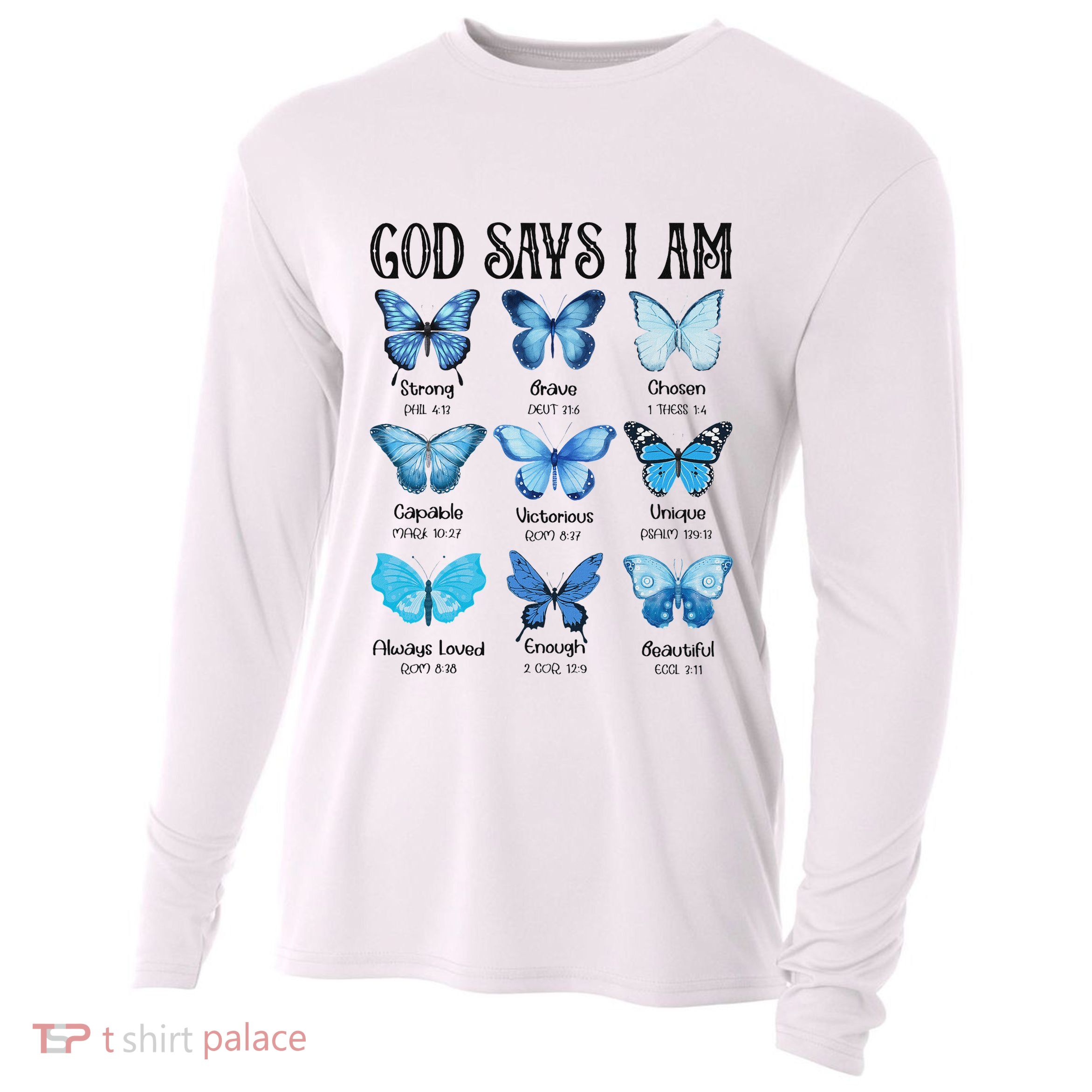 God Says I Am Butterfly Christian Religious Cooling Performance Long Sleeve Crew