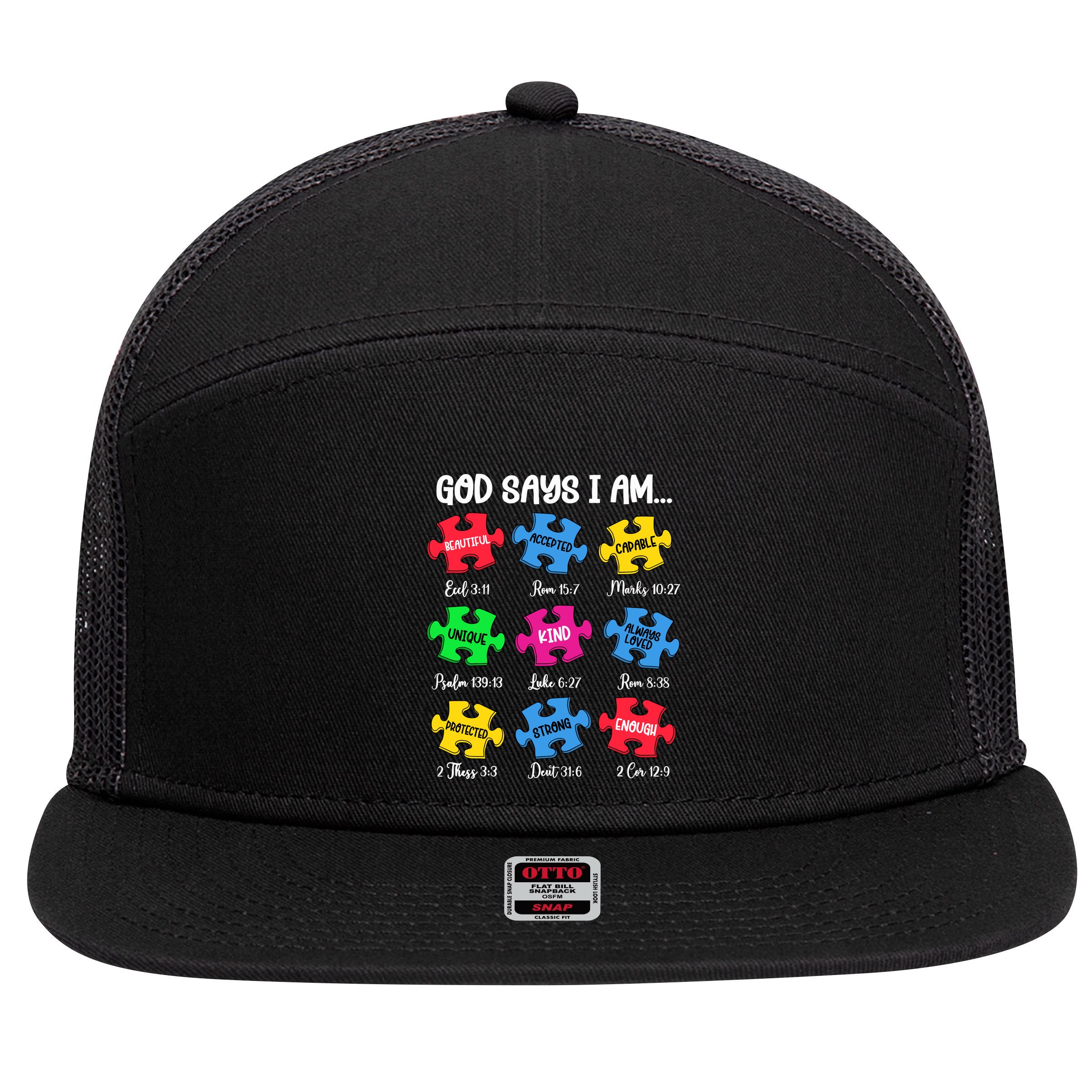 God Says I Am Bible Verses Christian Autism Awareness Puzzle 7 Panel Mesh Trucker Snapback Hat