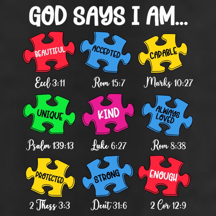 God Says I Am Bible Verses Christian Autism Awareness Puzzle 7 Panel Mesh Trucker Snapback Hat