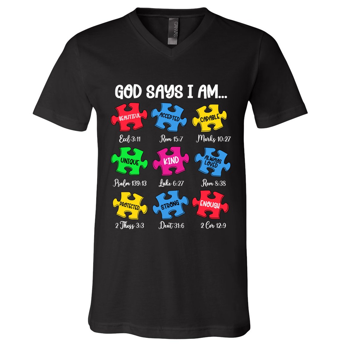 God Says I Am Bible Verses Christian Autism Awareness Puzzle V-Neck T-Shirt