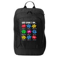 God Says I Am Bible Verses Christian Autism Awareness Puzzle City Backpack