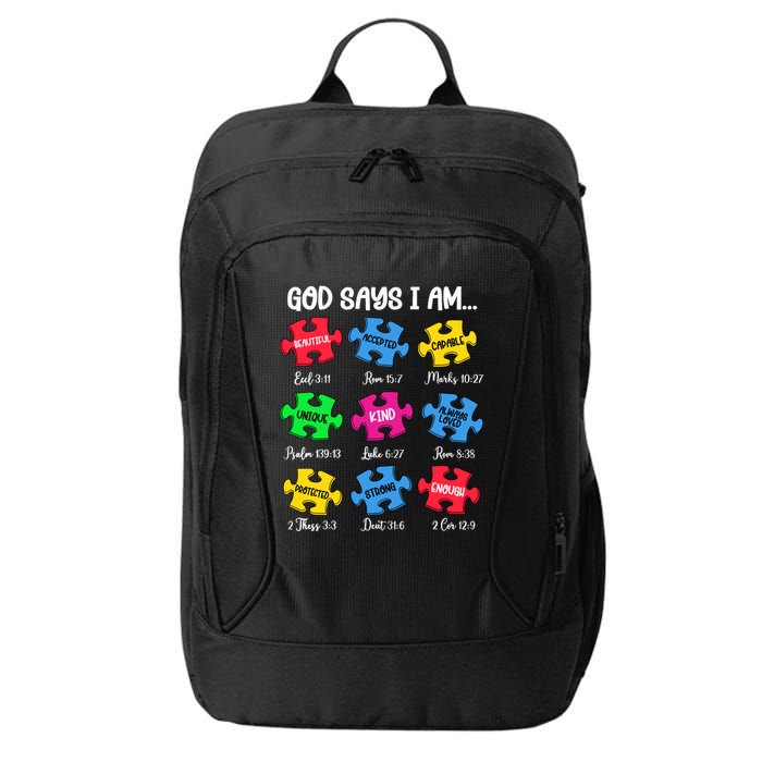 God Says I Am Bible Verses Christian Autism Awareness Puzzle City Backpack