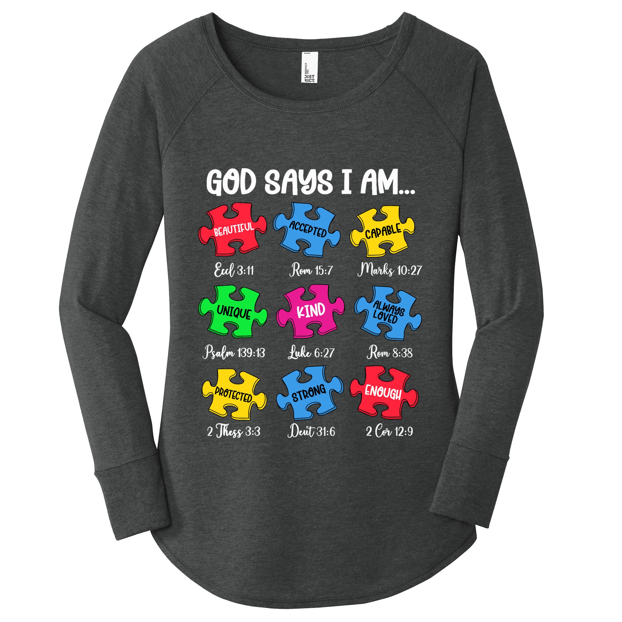 God Says I Am Bible Verses Christian Autism Awareness Puzzle Women's Perfect Tri Tunic Long Sleeve Shirt