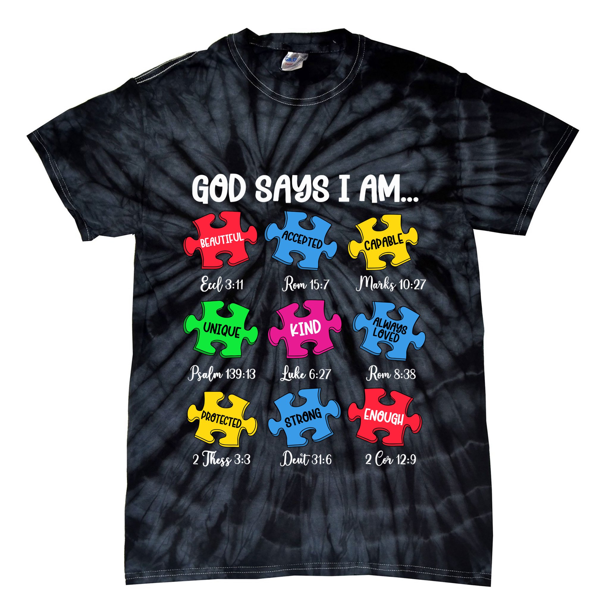 God Says I Am Bible Verses Christian Autism Awareness Puzzle Tie-Dye T-Shirt