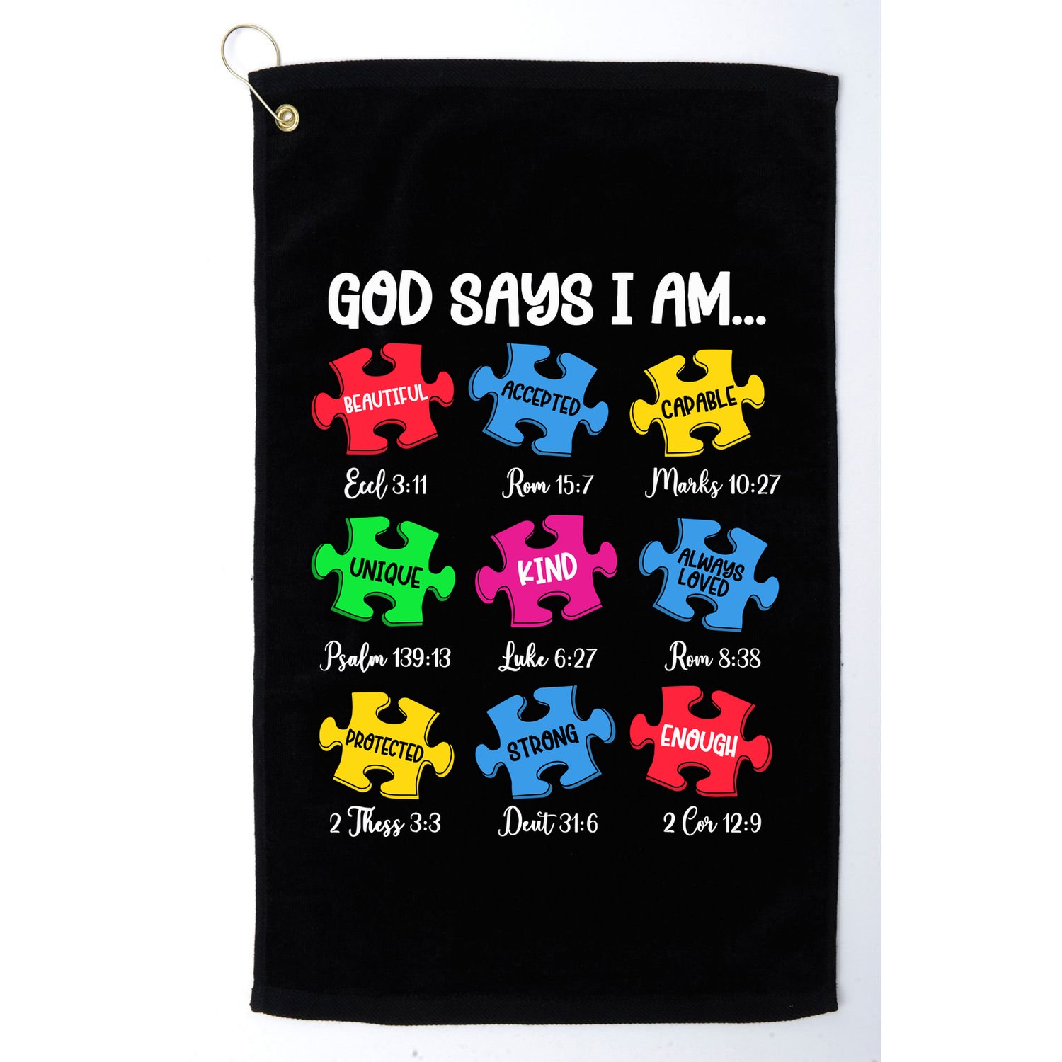 God Says I Am Bible Verses Christian Autism Awareness Puzzle Golf Towel