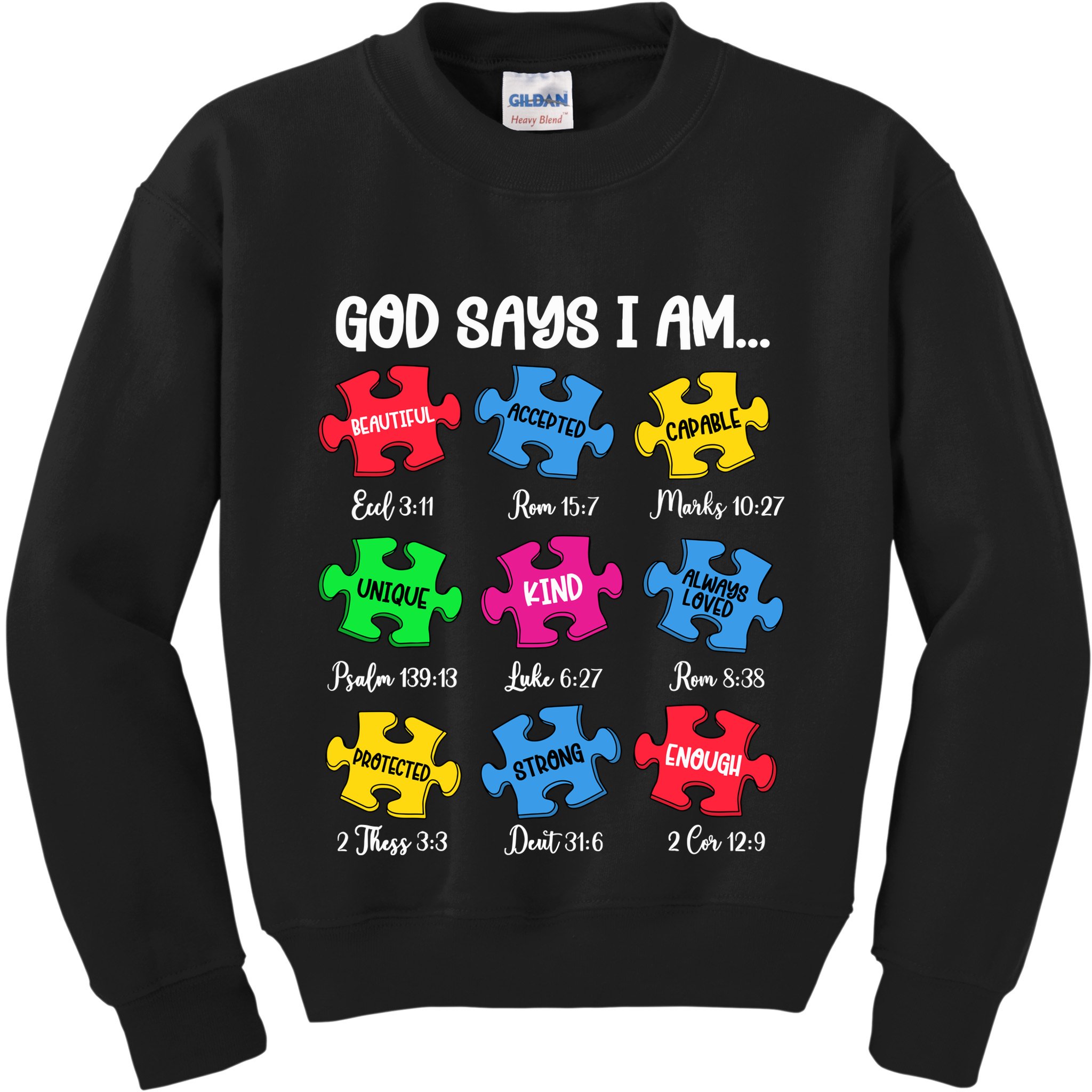God Says I Am Bible Verses Christian Autism Awareness Puzzle Kids Sweatshirt