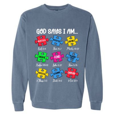 God Says I Am Bible Verses Christian Autism Awareness Puzzle Garment-Dyed Sweatshirt