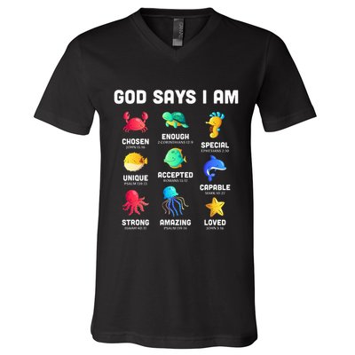 God Says I Am Sea Animals Ocean Christian Funny V-Neck T-Shirt
