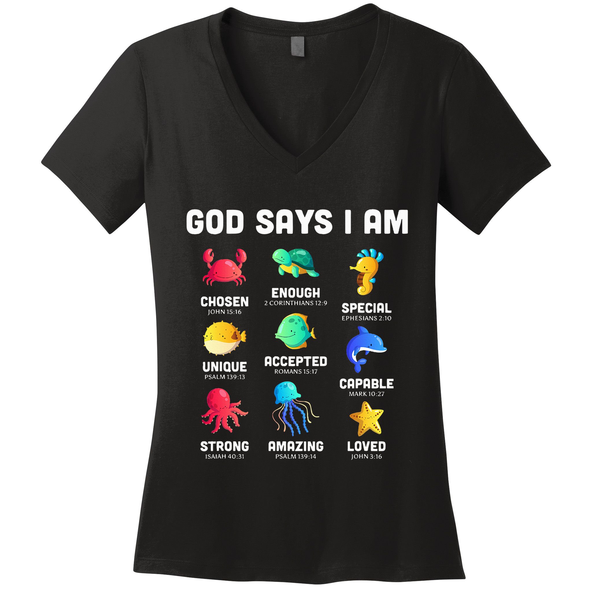 God Says I Am Sea Animals Ocean Christian Funny Women's V-Neck T-Shirt