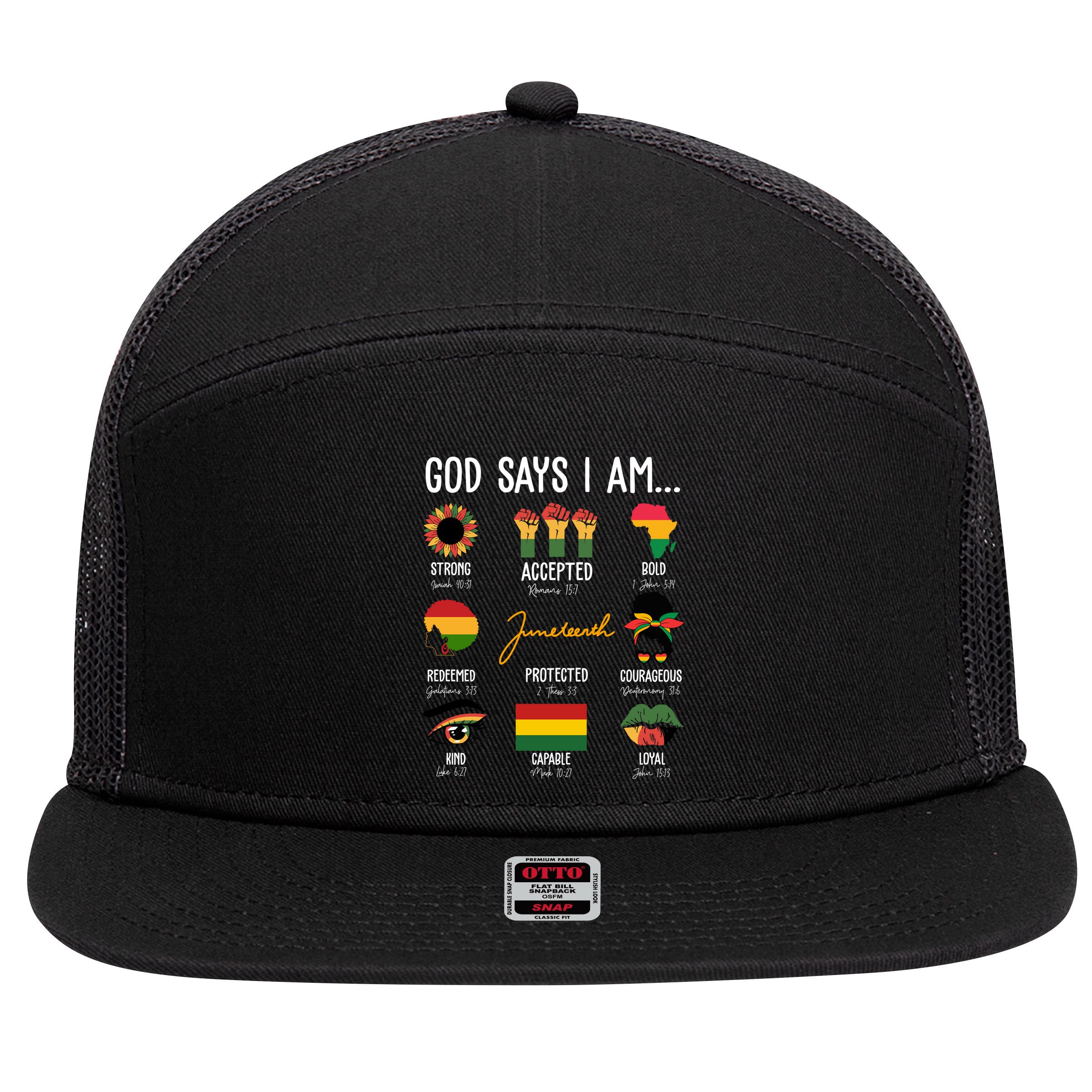 God Says I Am Celebrating Black Freedom 1865 Juneteenth 7 Panel Mesh Trucker Snapback Hat