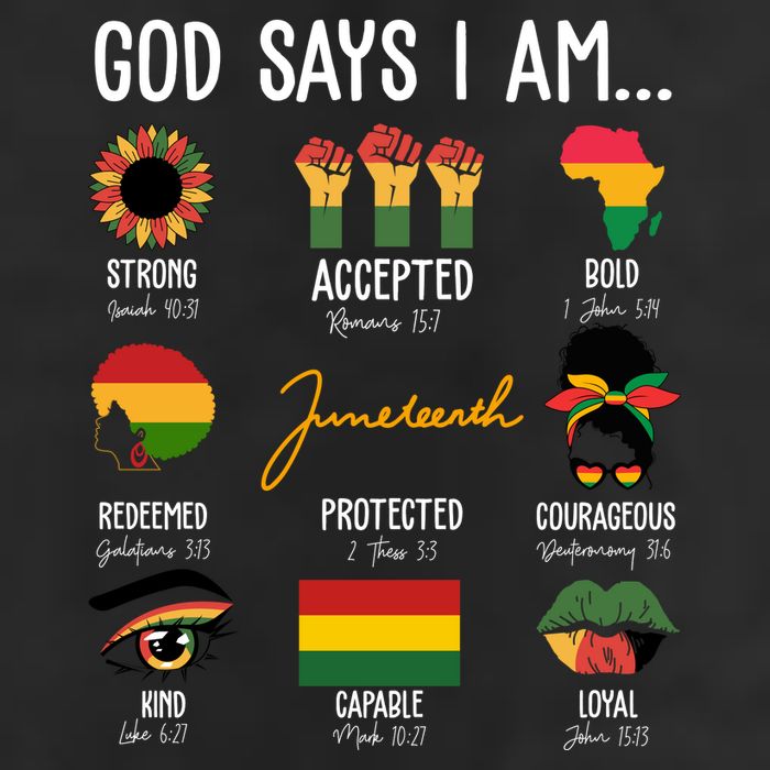 God Says I Am Celebrating Black Freedom 1865 Juneteenth 7 Panel Mesh Trucker Snapback Hat
