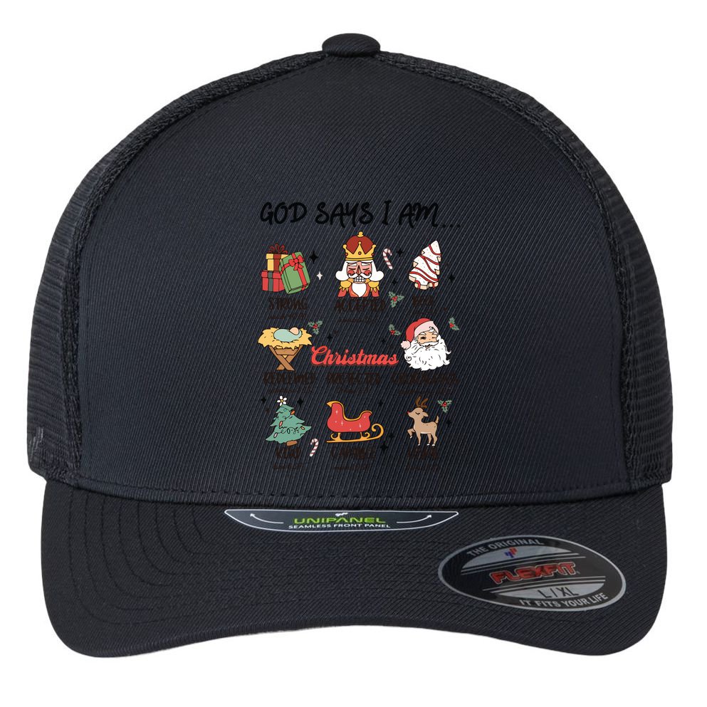 God Says I Am Christmas Bible Verse Turkey God Jesus Flexfit Unipanel Trucker Cap