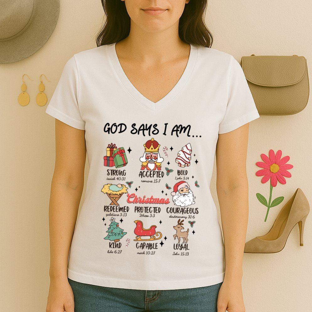 God Says I Am Christmas Bible Verse Turkey God Jesus Women's V-Neck T-Shirt