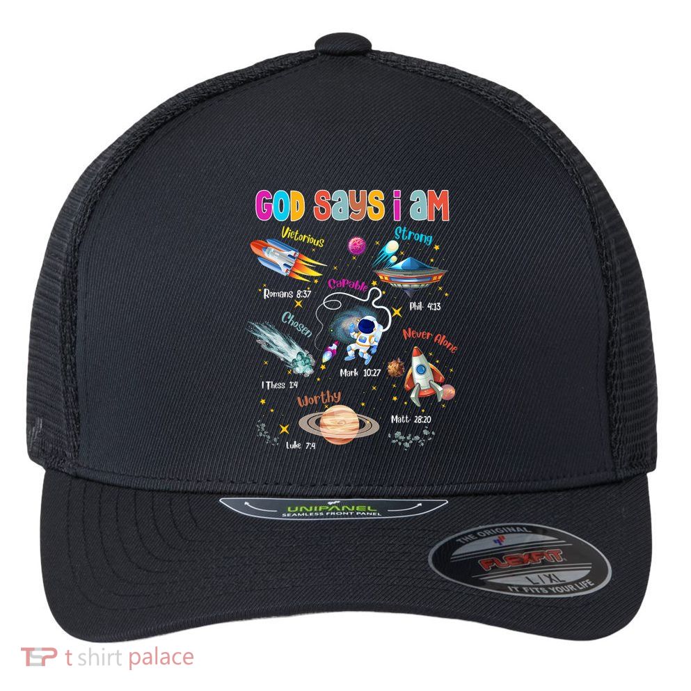 God Says I Am Cute Christian Outer Space Flexfit Unipanel Trucker Cap