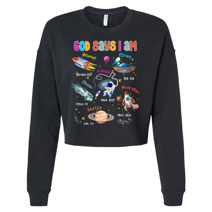 God Says I Am Cute Christian Outer Space Cropped Pullover Crew