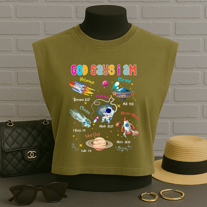 God Says I Am Cute Christian Outer Space Garment-Dyed Women's Muscle Tee